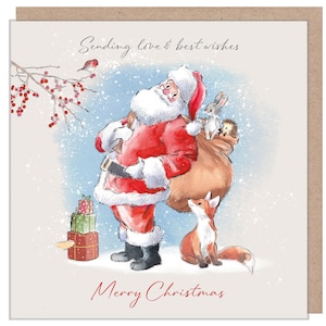 Carte de Noël de qualité - Amour et Meilleurs voeux - 150 x 150 mm - Illustration du sac de transport du père Noël - Gamme « Wintery Tails » - Fabriqué au Royaume-Uni - WT03