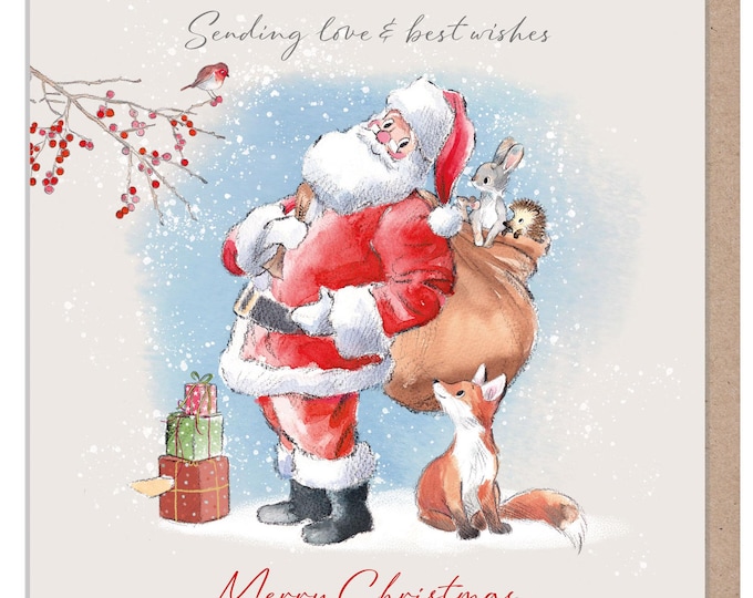 Quality Christmas Card- Love and Best Wishes -150 x 150mm - Santa carrying sack illustration - 'Wintery Tails'  range - Made in UK - WT03