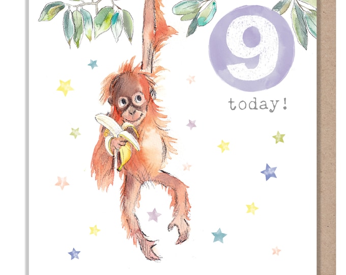 AGE 9 Birthday Card -  Charming illustration - Orangutan,  'Party Time'  range - Made in UK -  PTAGE09