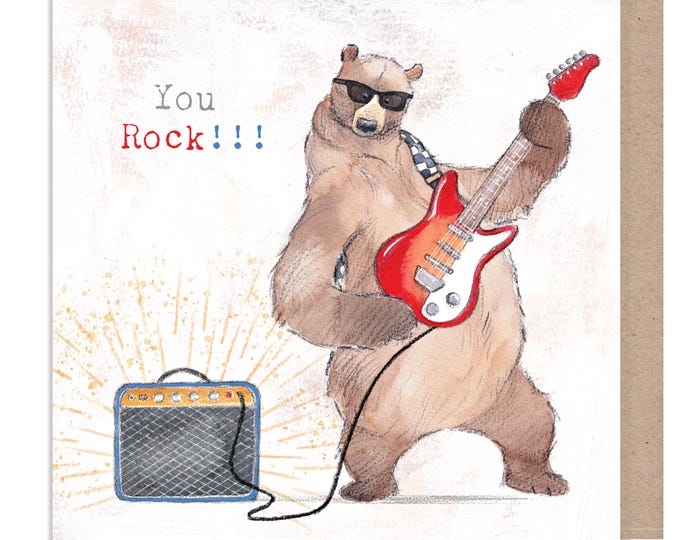 Birthday card, You Rock!!! - Quality Greeting Card, Bear playing Guitar 'Hey Bear' range, Fun hand Drawn Illustrations, made in UK, HBE01