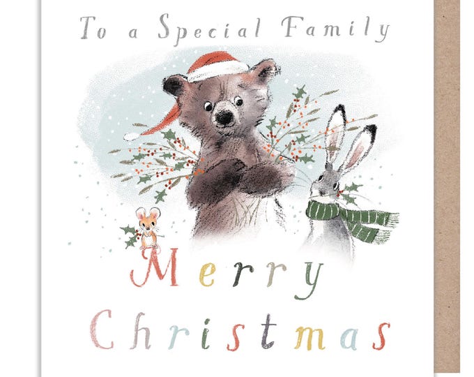 To a Special Family, Quality Christmas Card, 'the Bear, the Hare, and the Mouse', Cute heart warming  Bear Illustration, made in UK, BHMX014