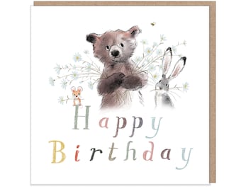 Happy Birthday, Quality Greeting Card, 'the Bear, the Hare, and the Mouse' , heart warming Illustrations, made in UK, no plastic, BHME05