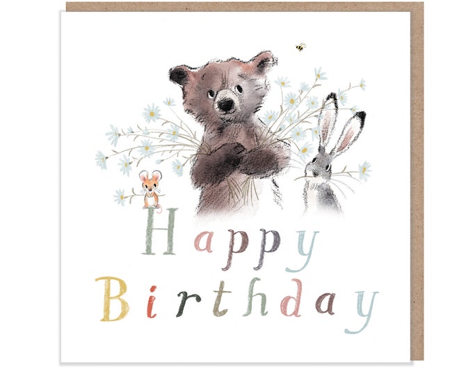 Happy Birthday, Quality Greeting Card, 'the Bear, the Hare, and the Mouse' , heart warming Illustrations, made in UK, no plastic, BHME05