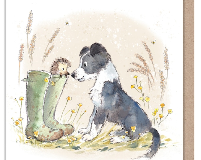 Blank Card - Quality Greeting Card - Charming illustration - 'Buttercup Farm' range - Collie Dog and Hedgehog - Made in UK -  BF08