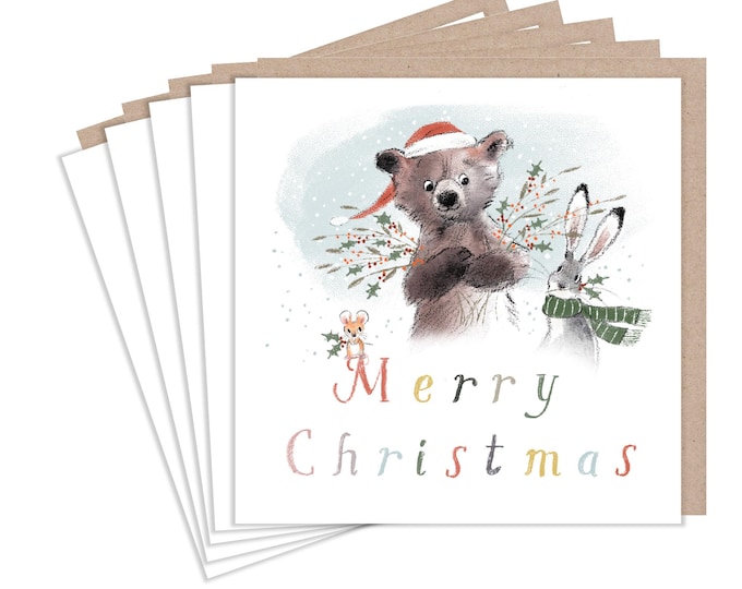 Christmas Card pack - 5 small quality cards with brown recycled envelopes -125 x 125mm-  one design - Bear, Hare and Mouse -  XPACK04