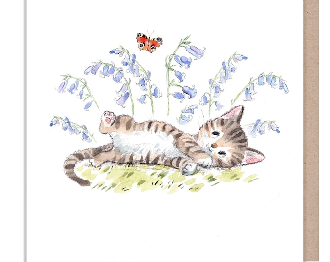 Blank Card - Quality Greeting Card - Charming illustration - 'Pawsitively Purrect' range - Cat with Bluebells- Made in UK-EPP023