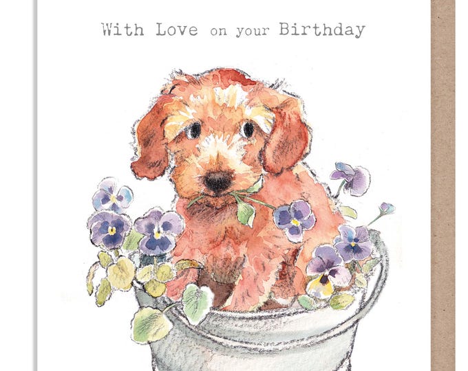 Birthday Card - Quality Greeting Card - Charming Dog illustration - 'Absolutely barking' range - Puppy in Pansy pot  - Made in UK - ABE101