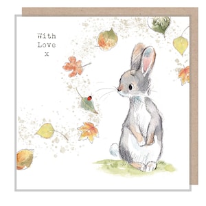 Kaninchen Karte - with love - Hochwertige Grußkarte - Charmante Illustration - Kaninchen mit Blättern 'Bucklebury Wood' Serie - Made in UK - BWE03