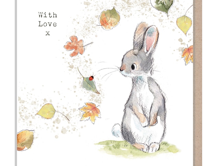 Rabbit Card - with love - Quality Greeting Card - Charming illustration - Rabbit with leave 'Bucklebury Wood'  range - Made in UK -  BWE03