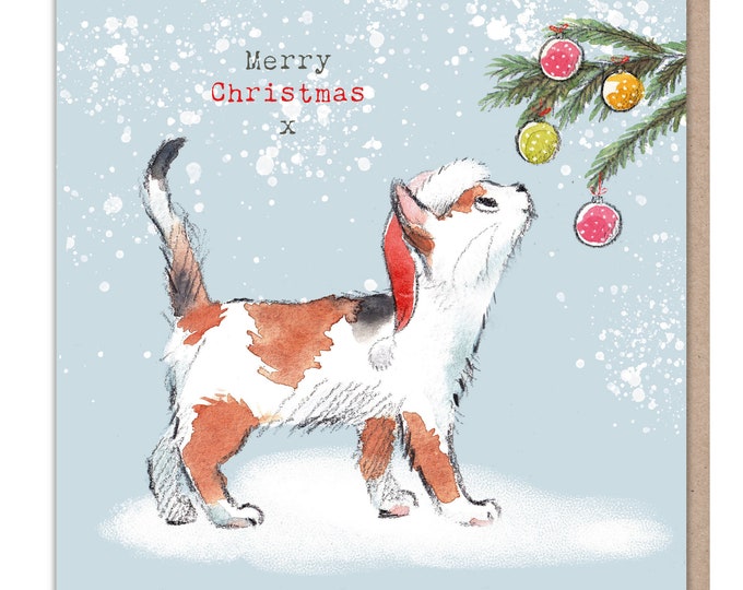 Quality Christmas Card - Charming Cat illustration - 'Pawsitively Purrect' range - Cat with Baubles - Made in UK - XPP01