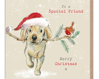 Special Friend Christmas Card - Quality Greeting Card - Charming illustration - 'Absolutely Barking'-  Labrador puppy - Made in UK -  ABX03