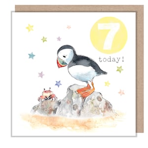 Cartão de aniversário de 7 anos - Ilustração encantadora - Puffin, linha 'Party Time' - Fabricado no Reino Unido - PTAGE07