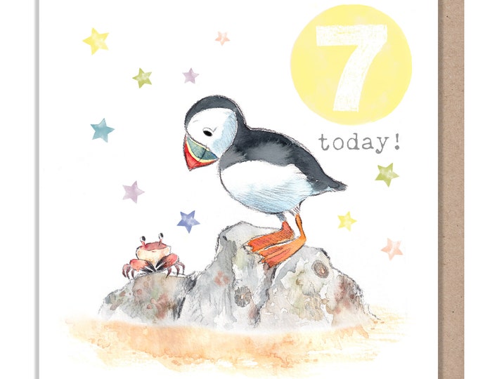 AGE 7 Birthday Card -  Charming illustration - Puffin,  'Party Time'  range - Made in UK -  PTAGE07