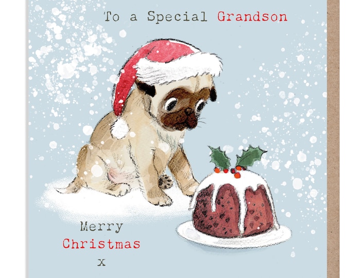 GRANDSON Christmas Card - Quality Christmas Card - Charming Pug illustration - 'Absolutely barking' range- Made in UK -  ABX013