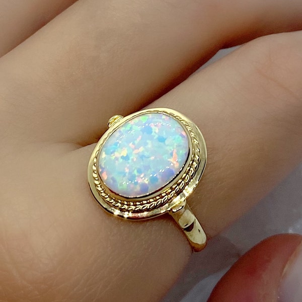 Natural Opal Ring - Gold Ring Opal - 14k Gold Ring - Oval Opal Ring - Gold And Opal - Opal Jewelry - White Opal Ring - Gift For Wife