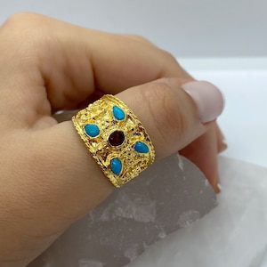 Byzantine Silver Ring - 22k Gold Plated Byzantine Silver - Vintage Greek Jewelry - Etruscan Ring - Sterling Silver Statement Ring Gemstone