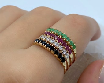 Genuine Gemstone Ring 14k Gold, Harem Gold Ring, Vintage Gold Gemstone Statement Ring, Multicolor Gemstone Gold Ring, Victorian Ring Antique