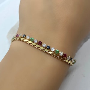 Colorful Bracelet, Gemstone Bracelet, Gold Bracelet, 18k Chain Bracelet, Gold Vintage Jewelry, Jewelry Gift, Emerald, Sapphire, Ruby, Zircon