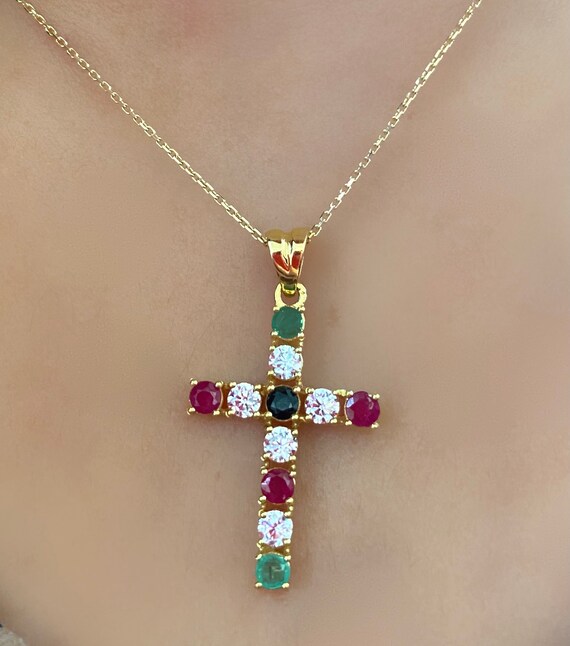 18k Gold Necklace - Gemstone Necklace - Gemstone Cross 18k Gold Necklace - Gemstone Necklace - Gemstone Cross