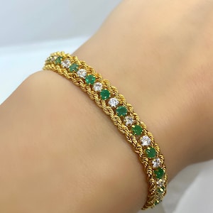 Pulsera esmeralda, pulsera de piedra preciosa, pulsera de oro, pulsera de piedra de nacimiento, pulsera de cadena, pulsera de cadena de cuerda 14k, joyería 14k 18k, regalo de mamá