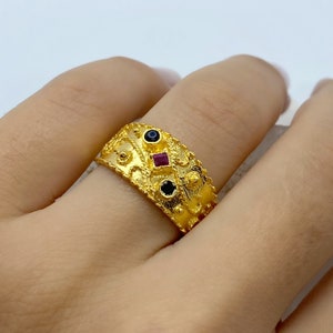 Byzantine Silver Ring - 22k Gold Plated Byzantine Silver - Vintage Greek Jewelry - Etruscan Ring - Sterling Silver Statement Ring Gemstone