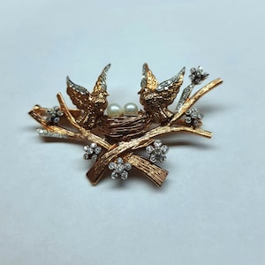 8K Rose Gold Diamond and Pearl Bird Nest Brooch Pin, Antique Diamond Brooch, Vintage Diamond Pin Brooch, Handmade Bird Nest Diamond Brooch
