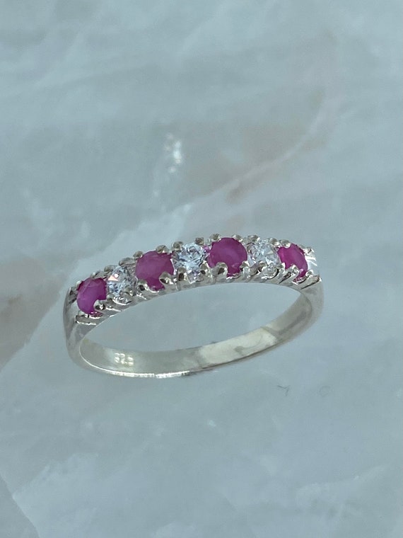 Ruby Silver Ring - Sterling Silver Ruby Band - Mi… - image 1