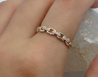 Chain Ring, Gold Stacking Ring, Gold Chain Ring, Gold Dainty Ring, Unique Ring, Curb Chain Ring, Gift For Women, Solid Gold Ring, Wife Gift