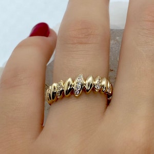 14k Solid Gold Croissant Ring, Dome Ring, Dome Croissant Ring, Chunky Gold Croissant Twisted Rope Ring, Bold Croissant Ring, Gift For Wife