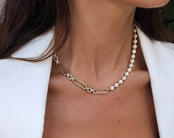 Natural Pearl Gold Chain Choker, Gold Chain Freshwater Pearl Necklace, Gold Beaded Pearl Necklace, Gold Link Chain Pearl Necklace.