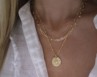 Gold Coin Necklace, Coin Pendant Necklace, Textured Coin Necklace, Layered Necklace Set, Gold Paperclip Necklace, Hammered Disc Necklace