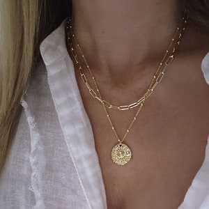 Gold Hammered Coin Necklace, Coin Pendant Necklace, Textured Coin Necklace, Layered Necklace Set, Gold Paperclip Necklace, Hammered Disc image 2