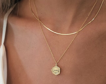 14K Gold Engraved Necklace, Openable Locket Necklace, Best Friend Gift, Engraved Initial Necklace for Women, Geometric Necklace