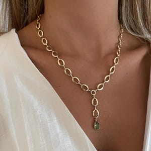 Collier pendentif larme Lariat en or, collier Lariat en or, collier chaîne à maillons Lariat, collier pendentif en cristal Lariat aigue-marine.