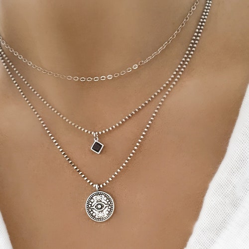 Silver Layered Necklace Set Dainty Layered Silver Necklace Etsy