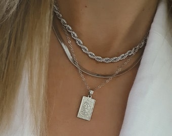 Silver Layered Necklace Set, Layered Silver Necklace, Set of 3 Layers Necklace, Coin Necklace Silver, Rope Snake Chain Necklace