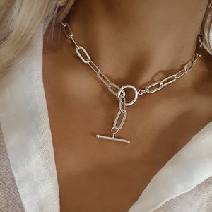 925 Silver Link Chain Necklace, Silver Toggle choker, Sterling Silver Paperclip Chain Necklace, Thick Paperclip Chain, Toggle Clasp Necklace