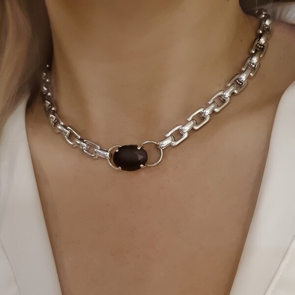 Choker silver chunky chain, choker silver chunky onyx pendentif, collier d’argent statement, collier d’argent chunky.