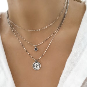 Silver Layered Necklace Set, Dainty Layered Silver Necklace, Set of 3 Layers Necklace, Layered Evil Eye Necklace Silver.