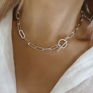 Sterling Silver Paperclip Chain Necklace, 925 Silver Link Chain, Chunky Link Cain Choker Silver, Silver Toggle choker