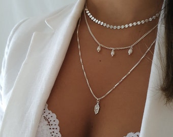 Sterling Silver Layered Necklace Set, Pearl Charm, Boho Chic