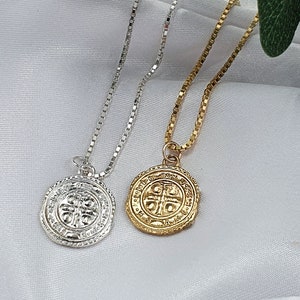 18K Gold Vermeil Pendant Necklace, gold vermeil necklace, 18k Gold Medallion Necklace, Boho Gold Cross Medallion, Silver Cross Coin Necklace