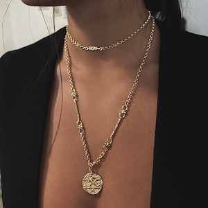 Gold Coin Layered Necklace Set, Gold Statement Necklace Set, Ancient Coin Necklace Set, Chunky Gold Choker Necklace Set. Medallion Necklace.