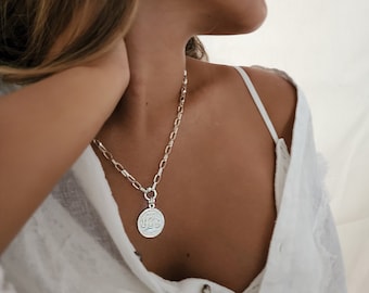 Collana con moneta in argento sterling, collana con moneta a catena a maglie, collana con monete in argento, collana con medaglione in argento, collana con catena a maglie in argento