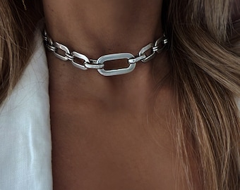 Grov silverlänkschoker, grovt chokerhalsband, silvergrov choker, uttalandehalsband, kedjechokerhalsband, länkchoker.