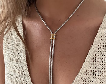 Zilveren Lariat-ketting, zilver-gouden Y-ketting, Lariat-statementketting, zilveren snackketting Lariat, dikke Y-ketting, lange ketting.