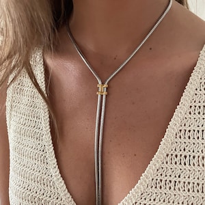 Silver Lariat Necklace, Silver Gold Y Necklace, Lariat Statement Necklace, Silver Snack Chain Lariat, Chunky Y Necklace, Long Necklace.