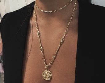 Goldmünze geschichtete Halsketten-Set, Gold Statement Halsketten-Set, Alte Münze Halsketten-Set, Chunky Gold Choker Halsketten-Set. Medaillon Halskette.