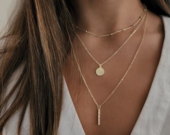 Gold Layered Necklace Set, Gold Evil eyes Coin Necklace, Layered Coin Necklace Gold, Dainty Gold necklace Set, Layered Bar Necklace Set.