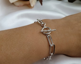 Sterling Silver Paperclip Bracelet, 925 Silver Chain Bracelet, Toggle Clasp Bracelet Silver, Statement Bracelet Silver, Bracelets for Women.